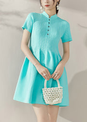 Slim Fit Blue Stand Collar Knit Patchwork Holiday Mid Dress Short Sleeve