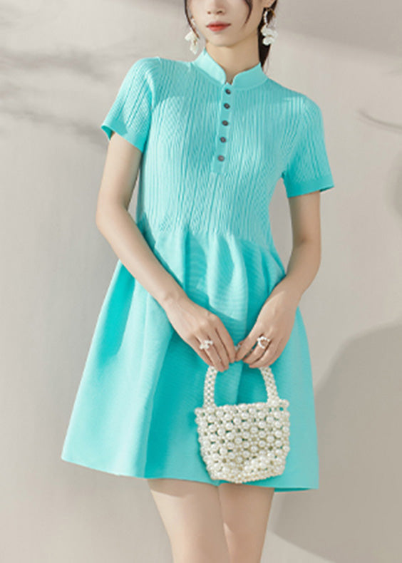 Slim Fit Blue Stand Collar Knit Patchwork Holiday Mid Dress Short Sleeve
