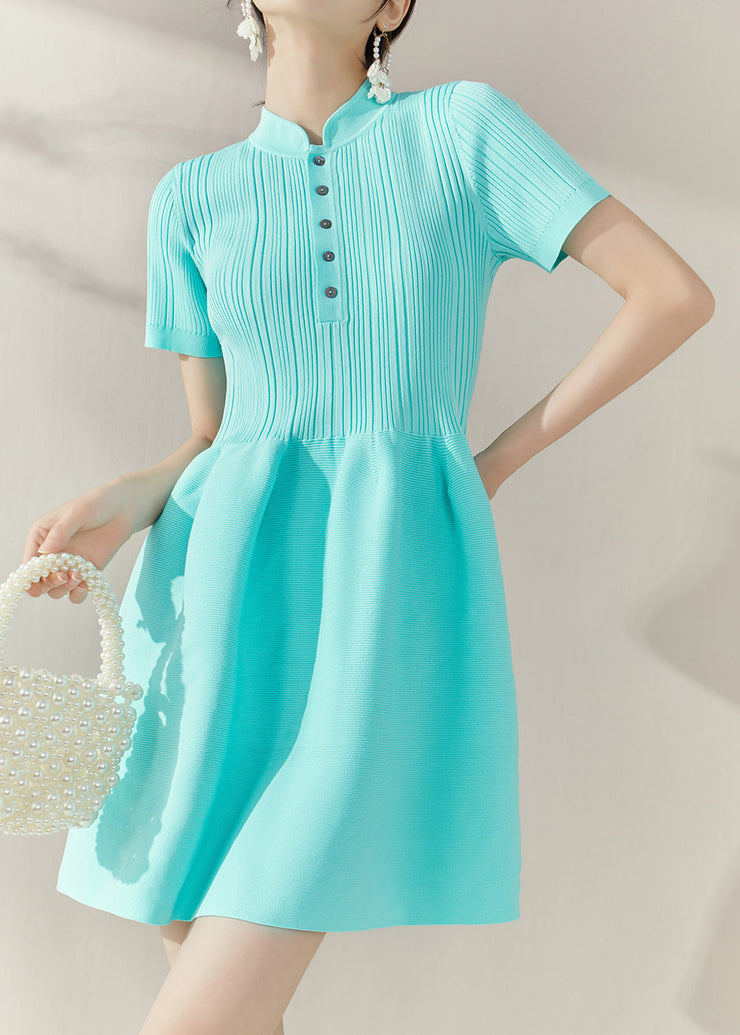Slim Fit Blue Stand Collar Knit Patchwork Holiday Mid Dress Short Sleeve