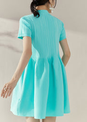 Slim Fit Blue Stand Collar Knit Patchwork Holiday Mid Dress Short Sleeve