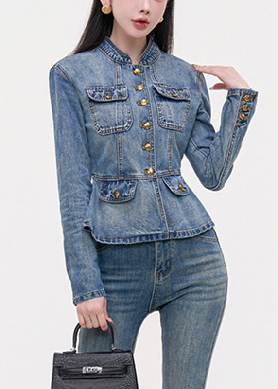 Slim Fit Blue Stand Collar Pockets Patchwork Denim Coats Fall