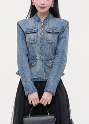 Slim Fit Blue Stand Collar Pockets Patchwork Denim Coats Fall