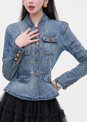 Slim Fit Blue Stand Collar Pockets Patchwork Denim Coats Fall