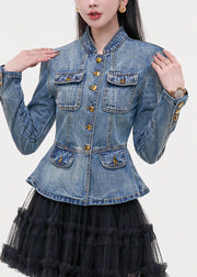 Slim Fit Blue Stand Collar Pockets Patchwork Denim Coats Fall