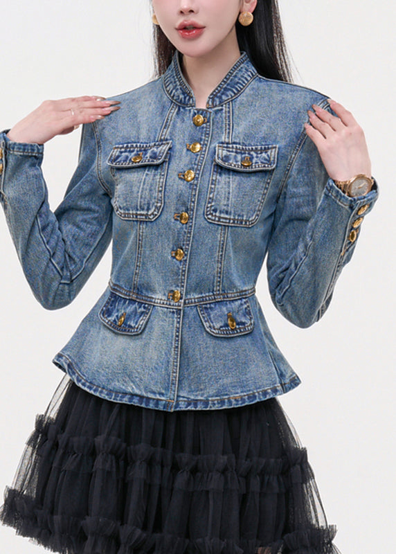 Slim Fit Blue Stand Collar Pockets Patchwork Denim Coats Fall