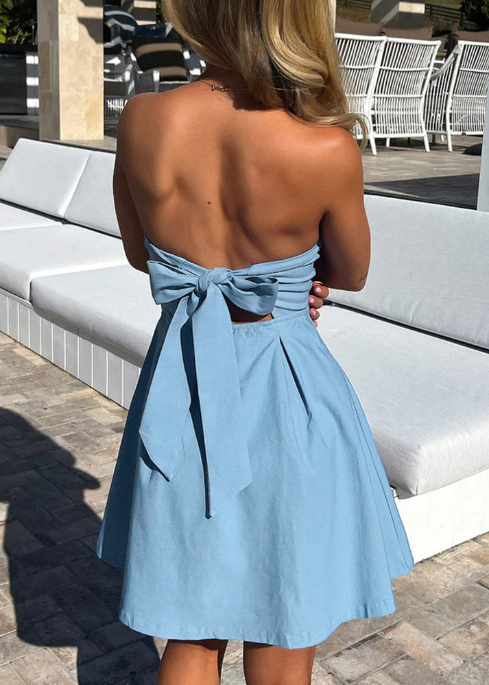 Slim Fit Blue Strapless Solid Cotton Mini Dresses Sleeveless