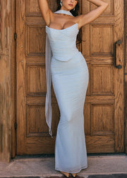 Slim Fit Blue Strapless Tops And Skirts Tulle Two Pieces Set Sleeveless