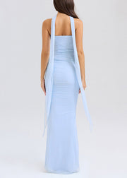 Slim Fit Blue Strapless Tops And Skirts Tulle Two Pieces Set Sleeveless