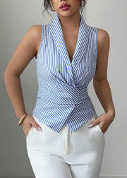 Slim Fit Blue Striped Notched Wrinkled Tops Sleeveless