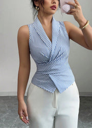 Slim Fit Blue Striped Notched Wrinkled Tops Sleeveless