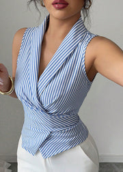 Slim Fit Blue Striped Notched Wrinkled Tops Sleeveless