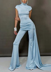 Slim Fit Blue Turtleneck Wrinkled Cotton Jumpsuit Summer