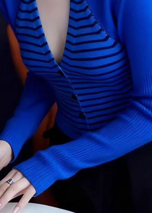 Slim Fit Blue V Neck Striped Patchwork Knit Sweaters Fall