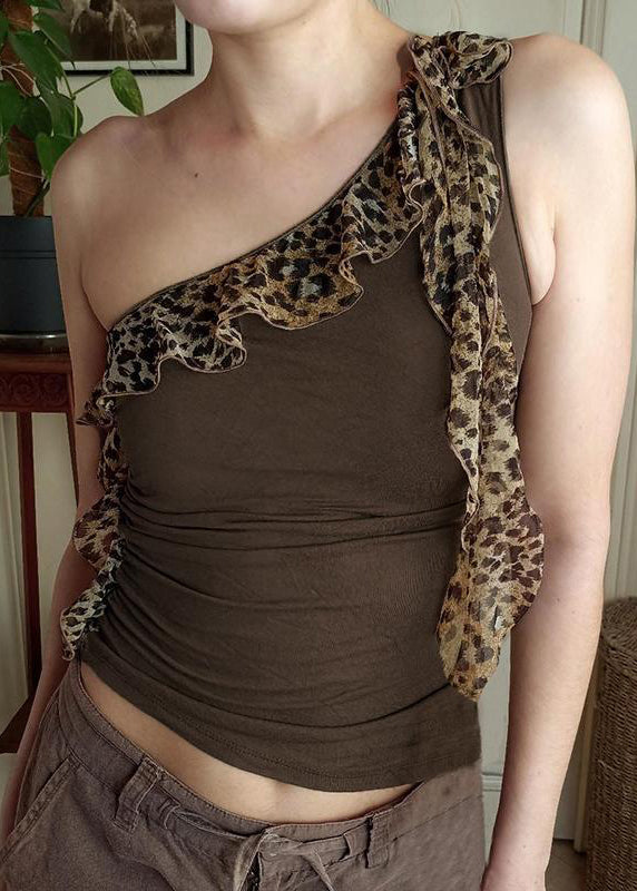 Slim Fit Brown Asymmetrical Patchwork Cotton Tank Sleeveless