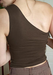 Slim Fit Brown Asymmetrical Patchwork Cotton Tank Sleeveless