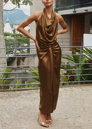 Slim Fit Brown Backless Wrinkled Side Open Silk Long Dress Sleeveless