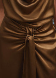 Slim Fit Brown Backless Wrinkled Side Open Silk Long Dress Sleeveless