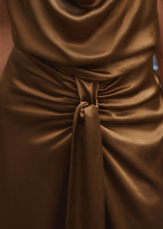 Slim Fit Brown Backless Wrinkled Side Open Silk Long Dress Sleeveless