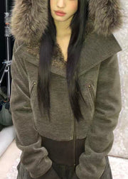 Slim Fit Brown Hooded Zippered Patchwork Warm Fleece Parka Winter