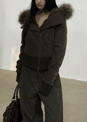 Slim Fit Brown Hooded Zippered Patchwork Warm Fleece Parka Winter