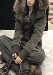 Slim Fit Brown Hooded Zippered Patchwork Warm Fleece Parka Winter