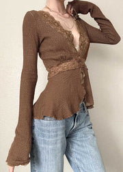 Slim Fit Brown Lace Patchwork Knit Tops Spring