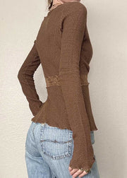 Slim Fit Brown Lace Patchwork Knit Tops Spring