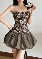 Slim Fit Brown Slash Neck Print Mid Spaghetti Strap Dress Sleeveless