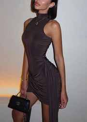 Slim Fit Brown Turtleneck Wrinkled Cotton Mid Dress Sleeveless