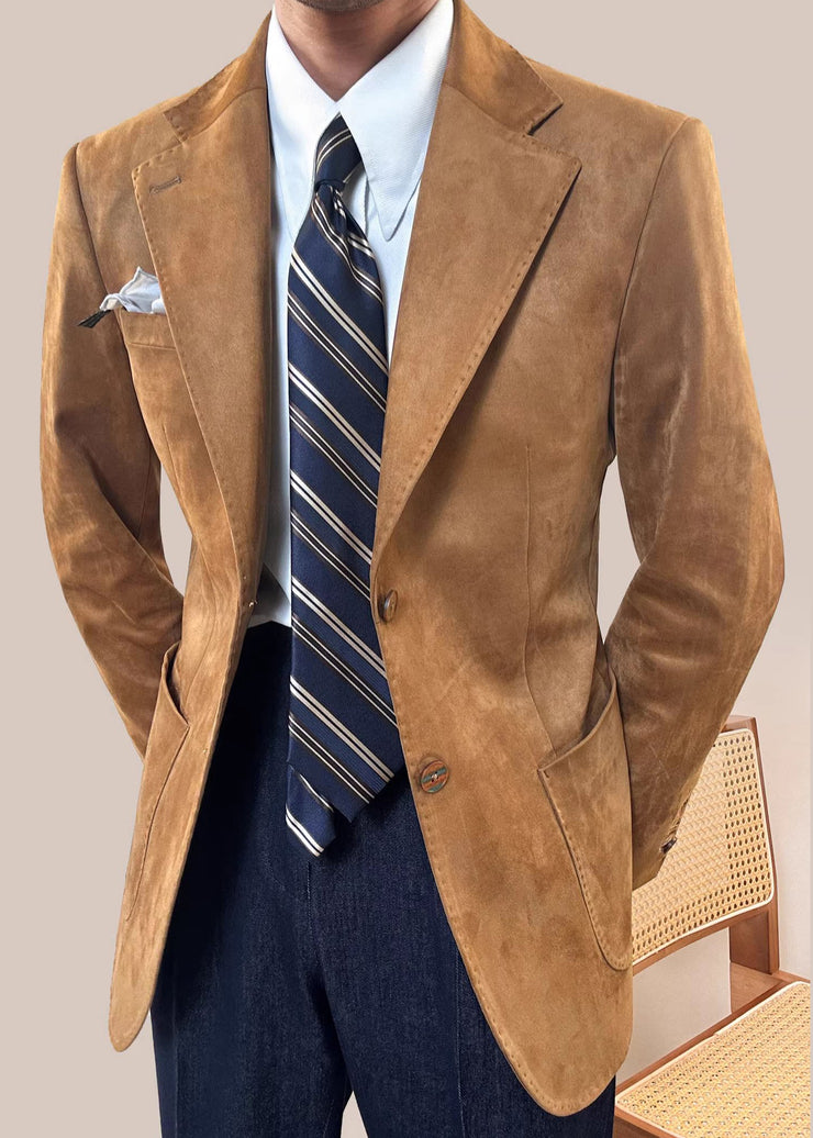 Slim Fit Caramel Notched Pockets Faux Suede Mens Coats Fall