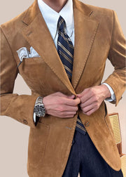 Slim Fit Caramel Notched Pockets Faux Suede Mens Coats Fall