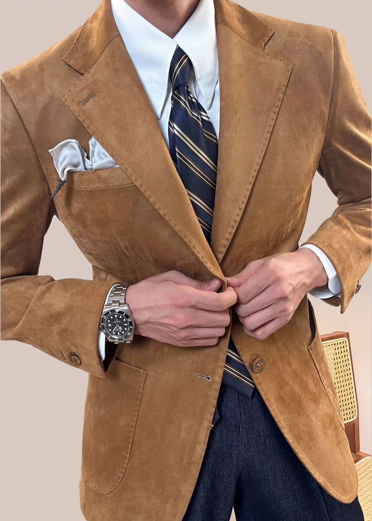 Slim Fit Caramel Notched Pockets Faux Suede Mens Coats Fall