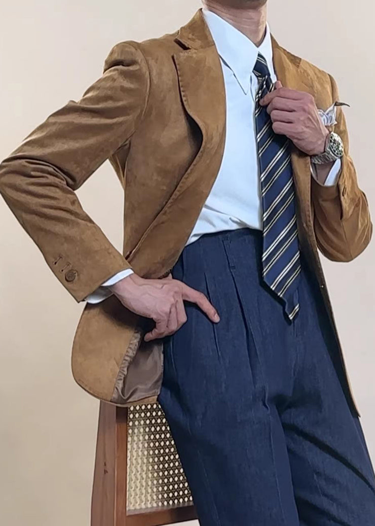 Slim Fit Caramel Notched Pockets Faux Suede Mens Coats Fall