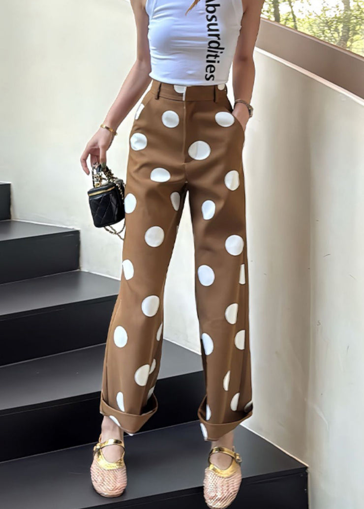 Slim Fit Coffee Dot Pockets High Waist Cotton Pants Summer