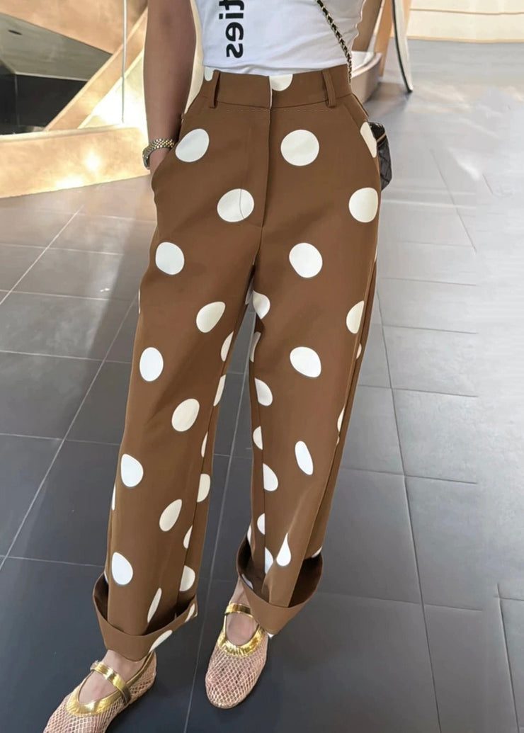 Slim Fit Coffee Dot Pockets High Waist Cotton Pants Summer