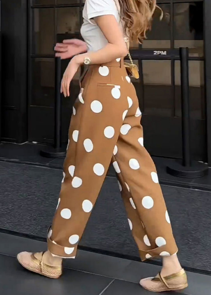 Slim Fit Coffee Dot Pockets High Waist Cotton Pants Summer