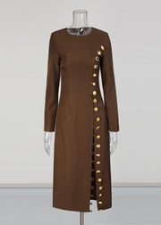 Slim Fit Coffee O-Neck Patchwork Button Trench Coats Fall