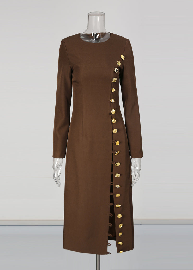 Slim Fit Coffee O-Neck Patchwork Button Trench Coats Fall