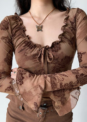 Slim Fit Coffee Print Lace Up Cotton T Shirt Fall