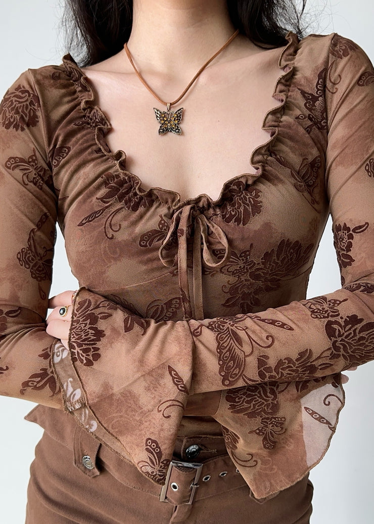 Slim Fit Coffee Print Lace Up Cotton T Shirt Fall