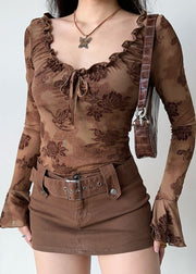 Slim Fit Coffee Print Lace Up Cotton T Shirt Fall