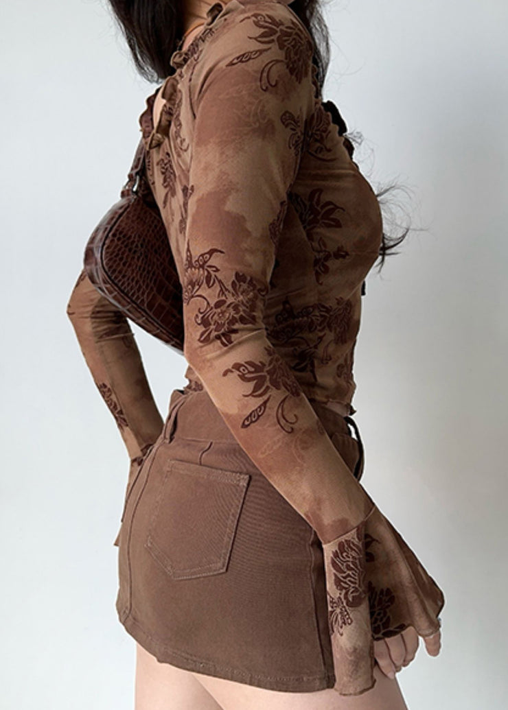 Slim Fit Coffee Print Lace Up Cotton T Shirt Fall