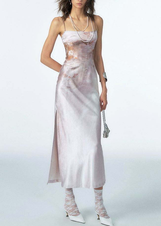 Slim Fit Coffee Print Side Open Silk Spaghetti Strap Dress Sleeveless