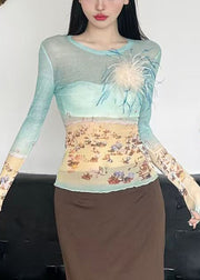 Slim Fit Colorblock O-Neck Print Tulle T Shirts Summer