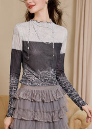 Slim Fit Colorblock Stand Collar Print Top Fall