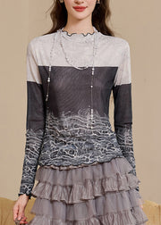 Slim Fit Colorblock Stand Collar Print Top Fall