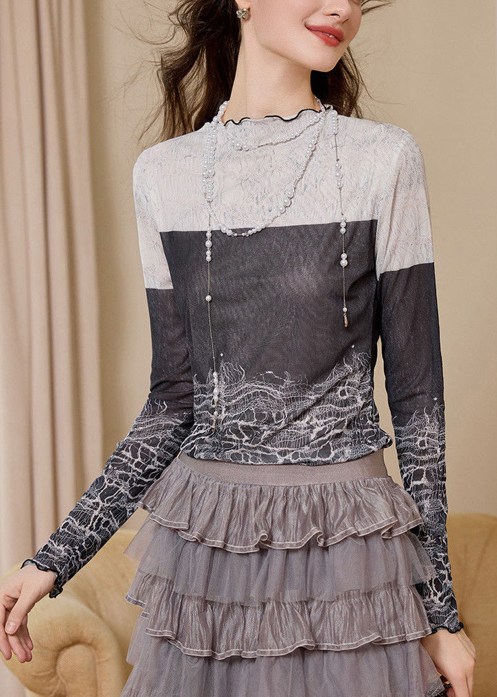 Slim Fit Colorblock Stand Collar Print Top Fall