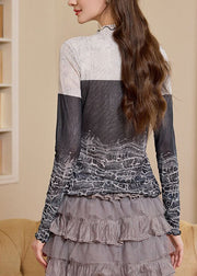 Slim Fit Colorblock Stand Collar Print Top Fall