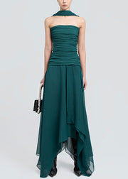 Slim Fit Dark Green Cold Shoulder Wrinkled Cotton Maxi Dresses Sleeveless
