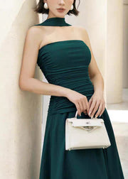 Slim Fit Dark Green Cold Shoulder Wrinkled Cotton Maxi Dresses Sleeveless